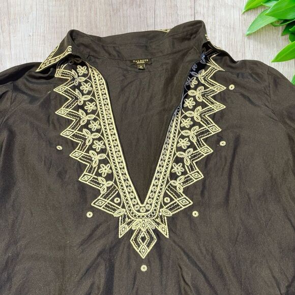 Talbots Women's Embroidered Top Size 16 Navy Embroidered Silk Blend Boho‎ - Picture 2 of 6